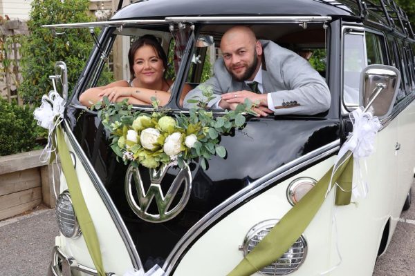 angel hotel wedding venue in hampshire couple in old VW